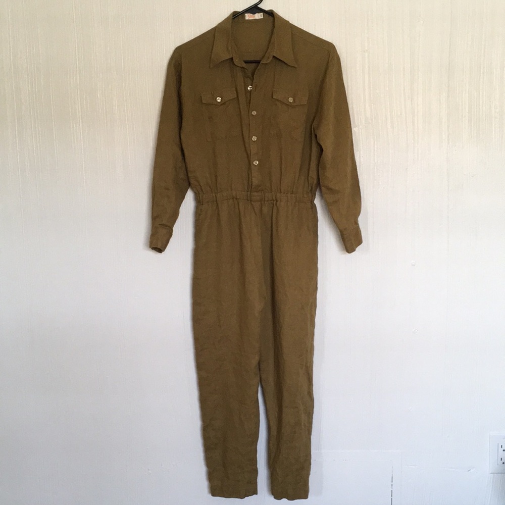 NWT Handmade 100% linen Olive Green Women's Jumpsuit Etsy Artisan Made S M